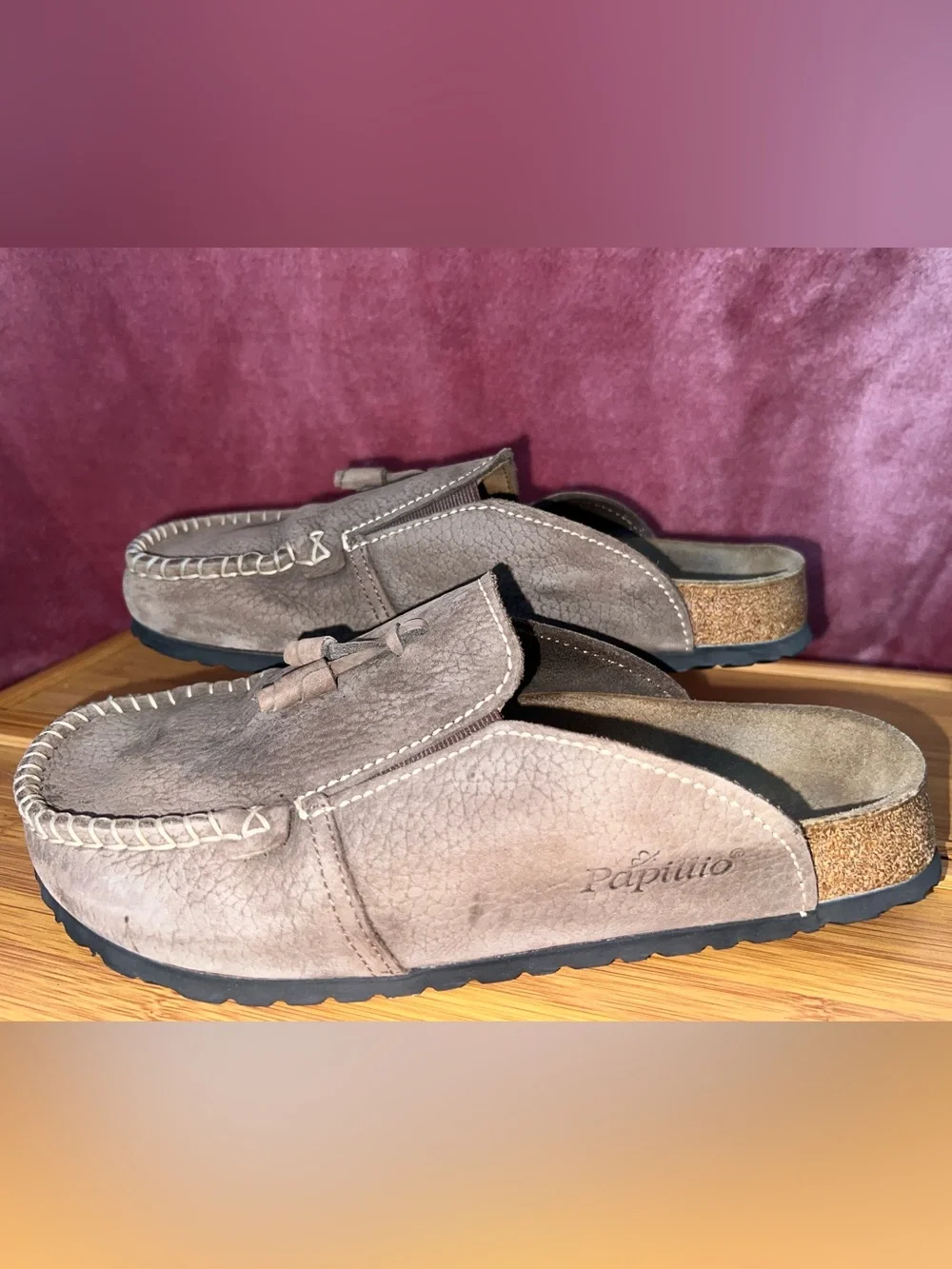 Papillio Birkenstock Leather Mule Clog Brown Tassle Whipstitch - Picture 2 of 10